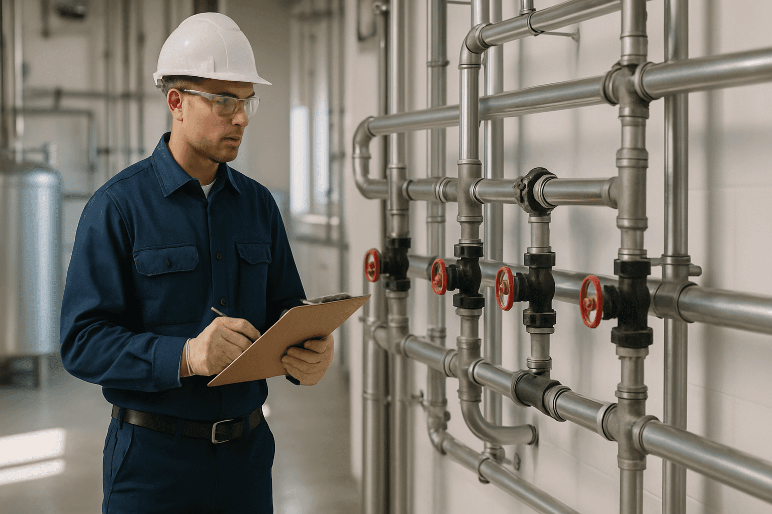Plomero inspeccionando el sistema de plomería de un edificio comercial