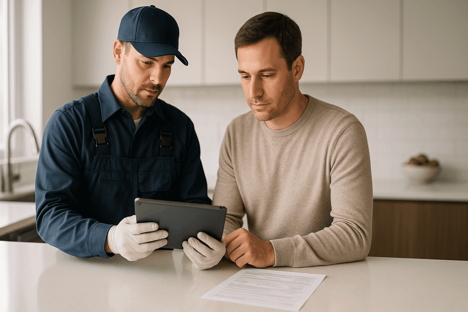 Plumber quoting drain cleaning service to homeowner