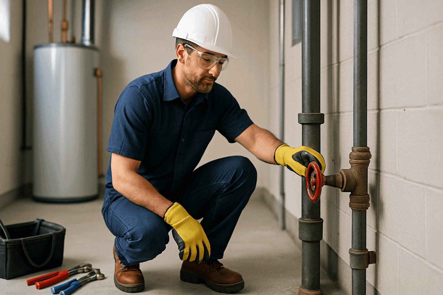 Plumber in PPE shutting off main water valve during home emergency