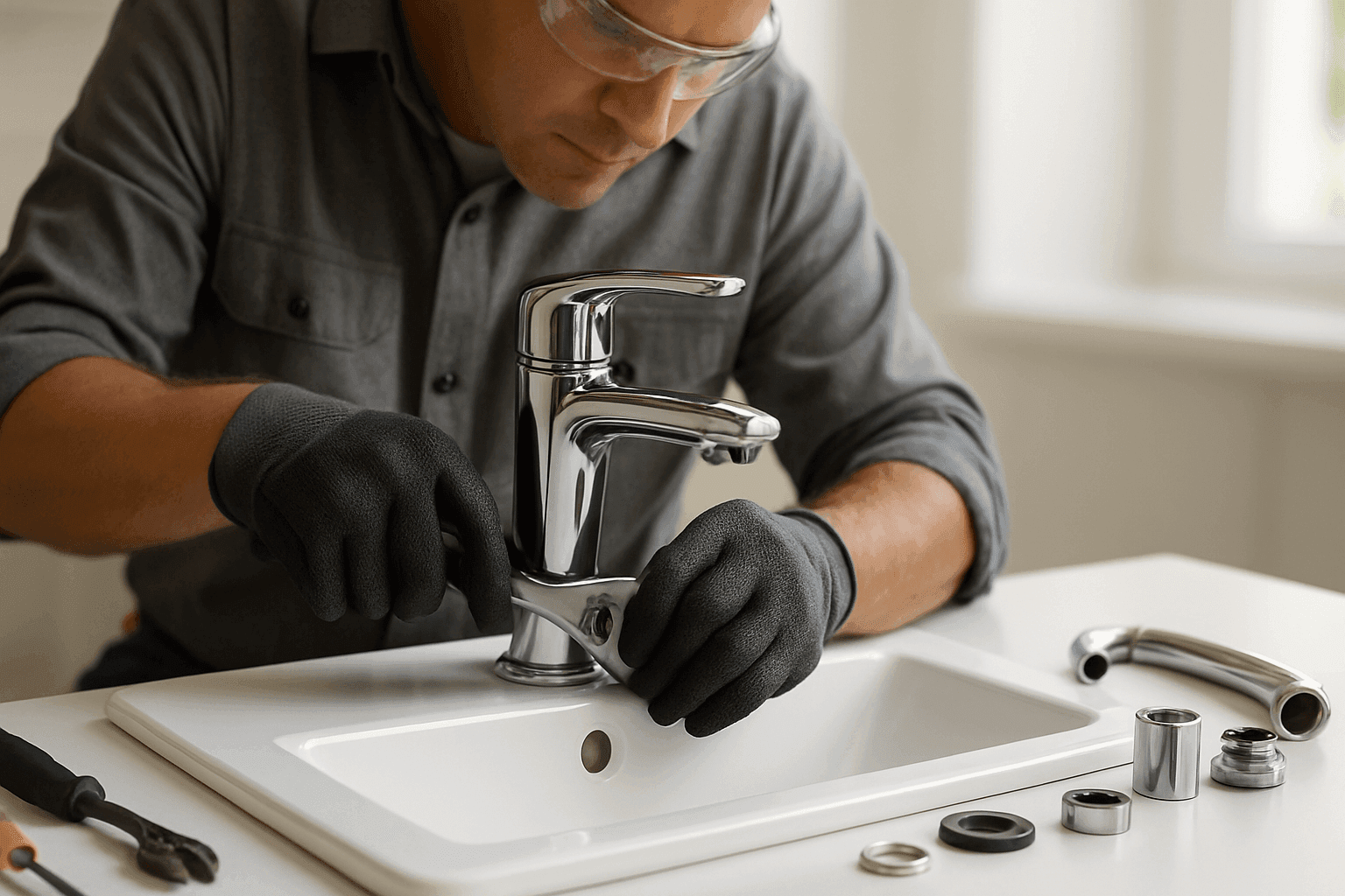 Plomero instalando un grifo moderno en el baño