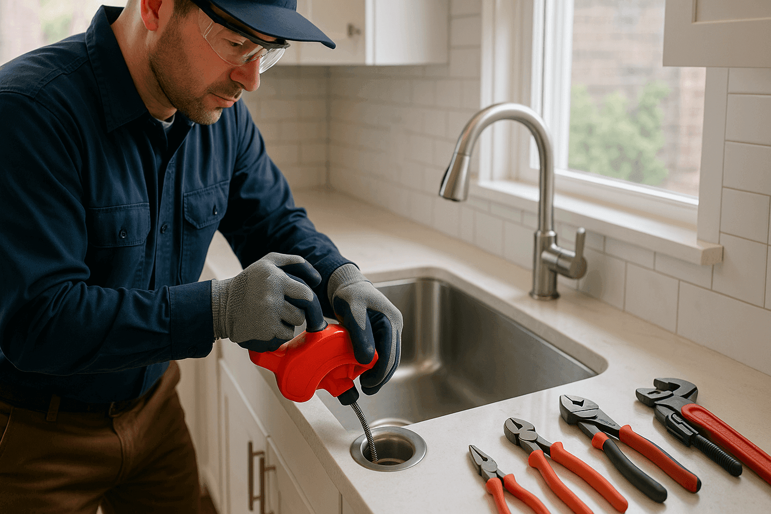 Plumber using drain snake on kitchen sink