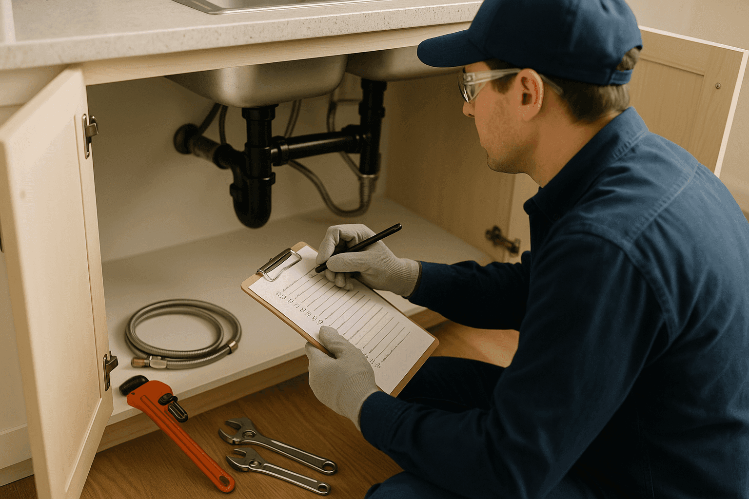 Homeowner performing plumbing maintenance under kitchen sink with tools and checklist