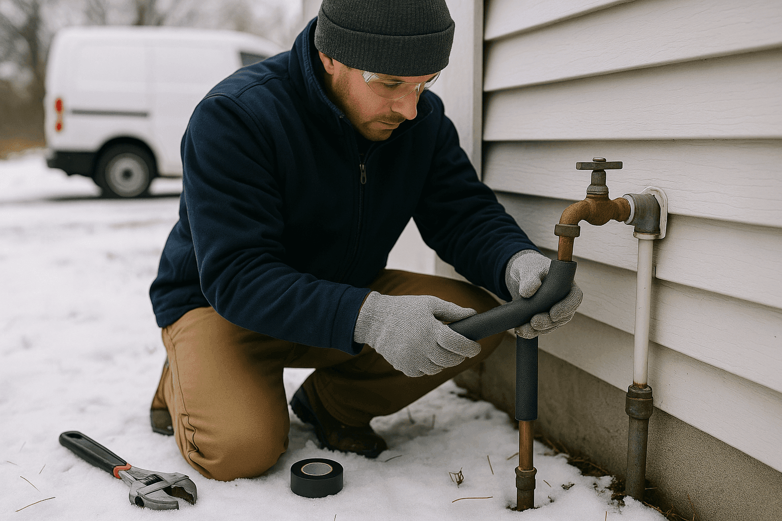 Homeowner insulating outdoor plumbing pipes to prevent freezing in winter