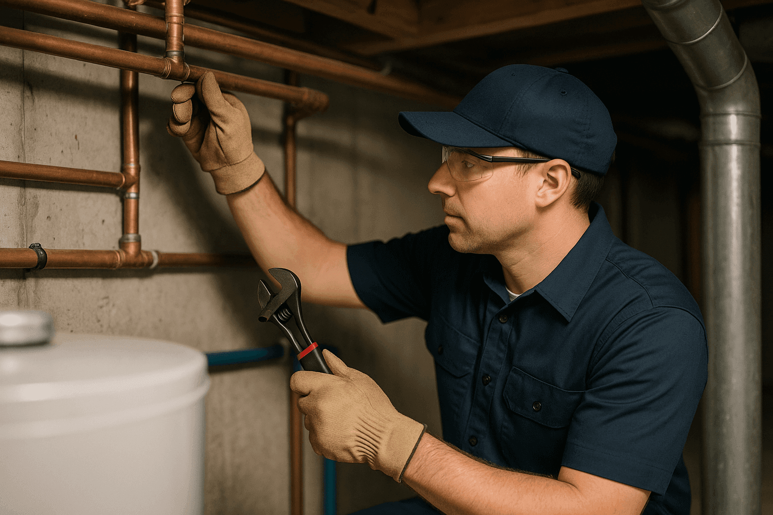 Professional plumber inspecting residential water pipes to prevent plumbing emergencies