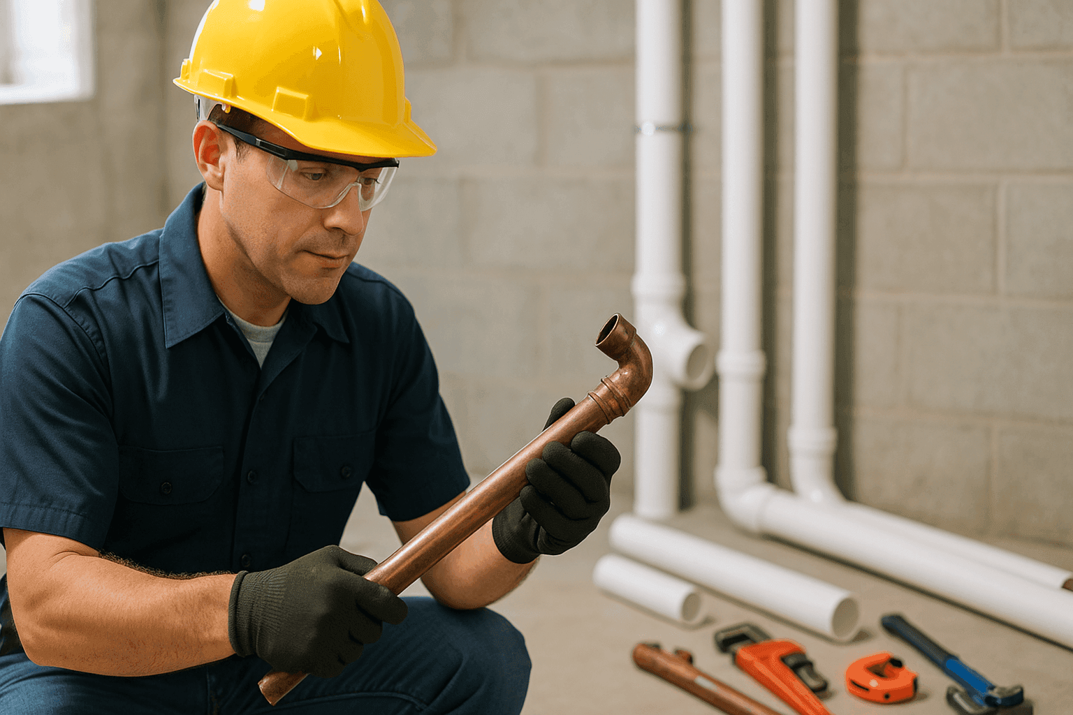 Plomero reemplazando tuberías de cobre viejas en un sótano