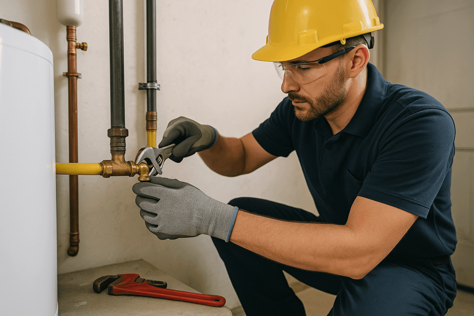 Plumber inspecting gas line installation with safety gear