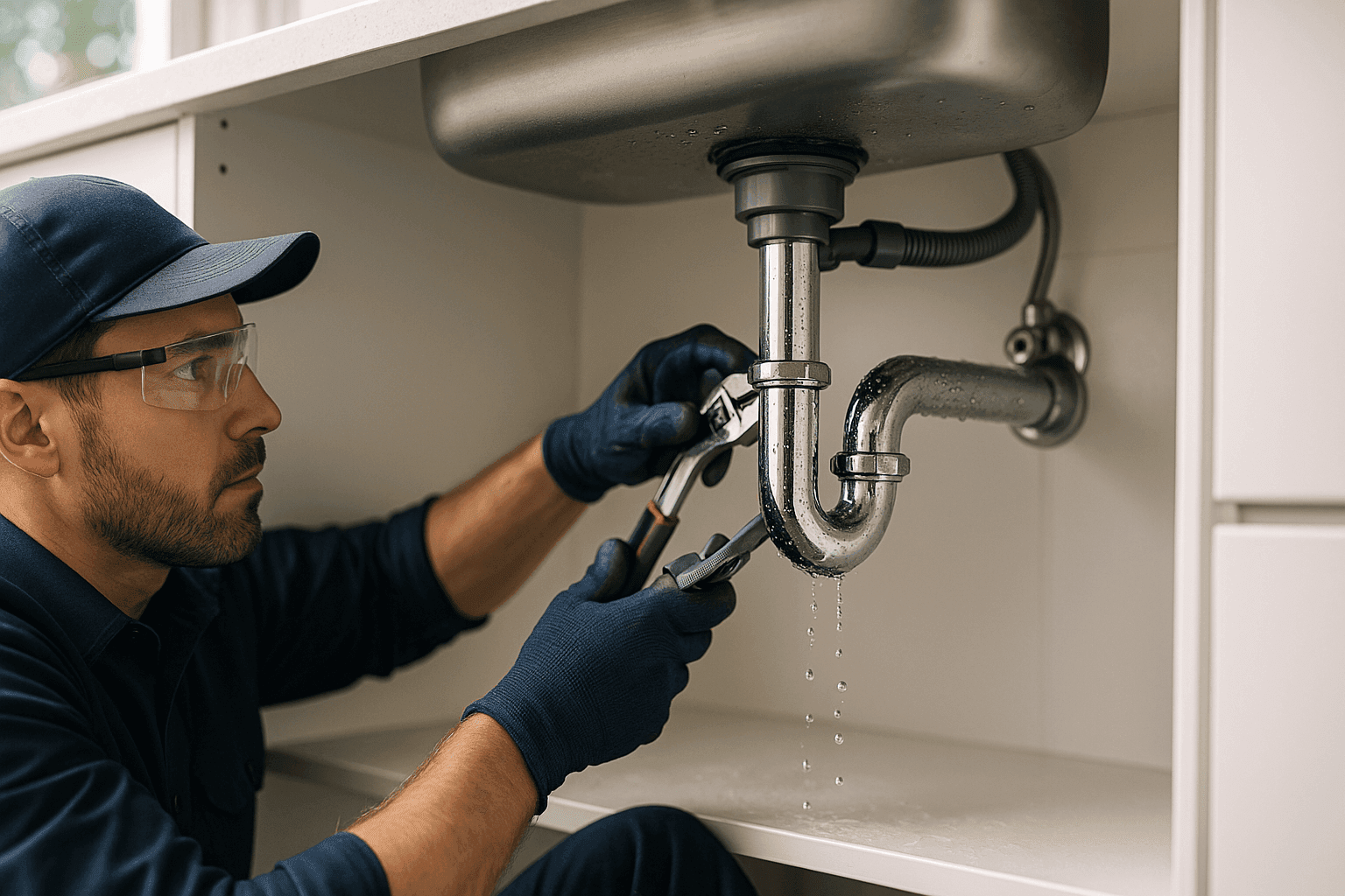 Technician fixing leaking kitchen sink under cabinet