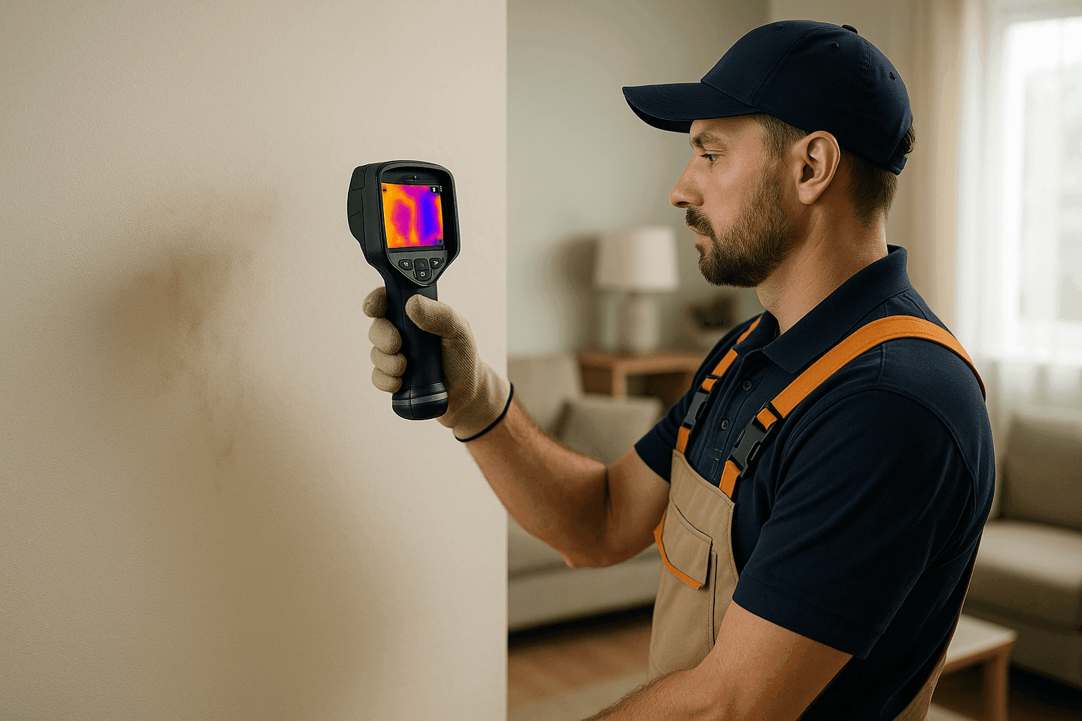 Plomero usando cámara térmica para detectar fuga oculta en la pared