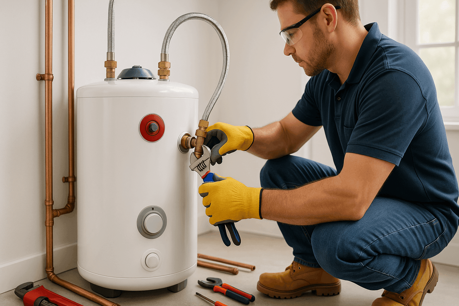 Plumber installing new residential water heater