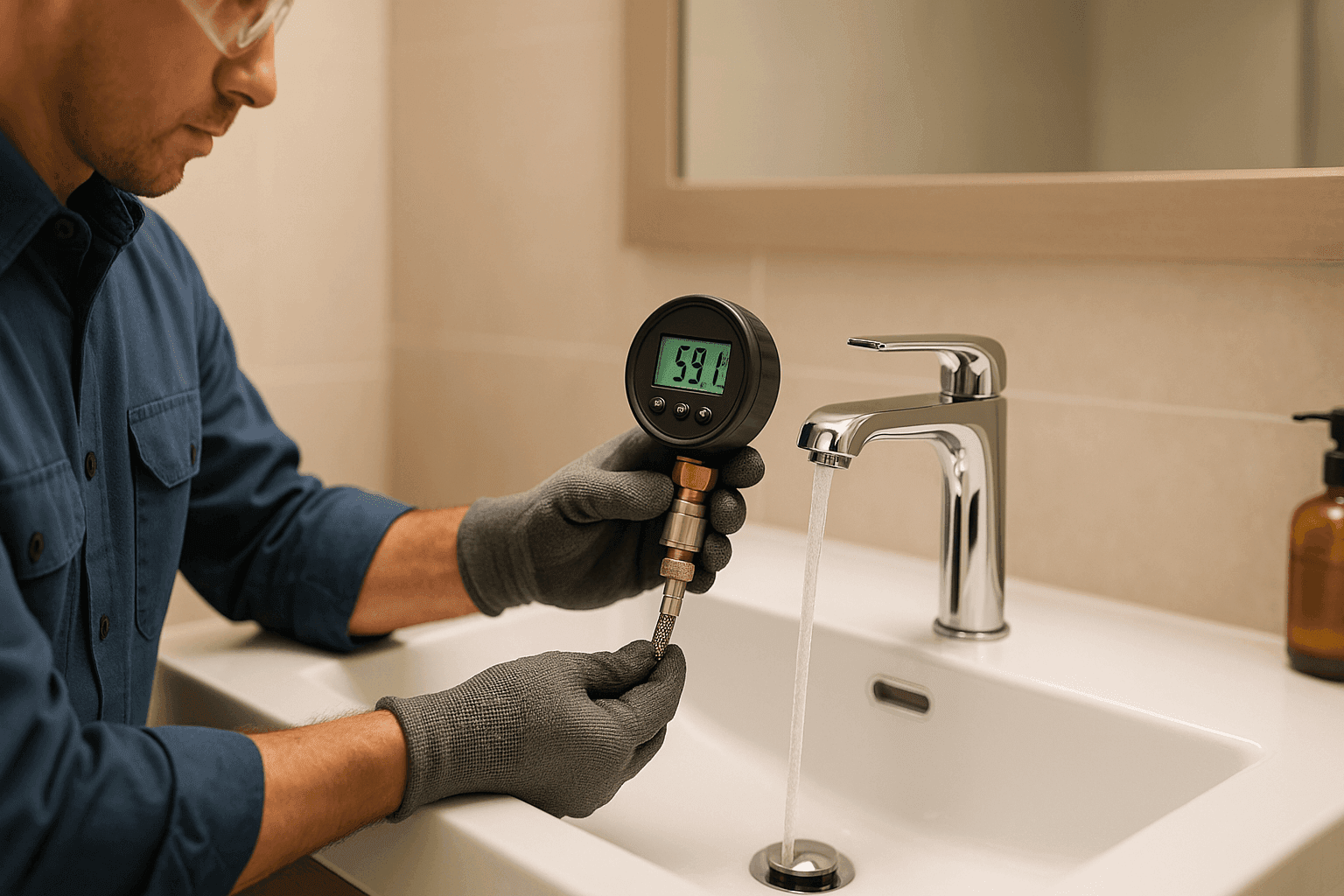 Plumber using water pressure gauge on residential faucet